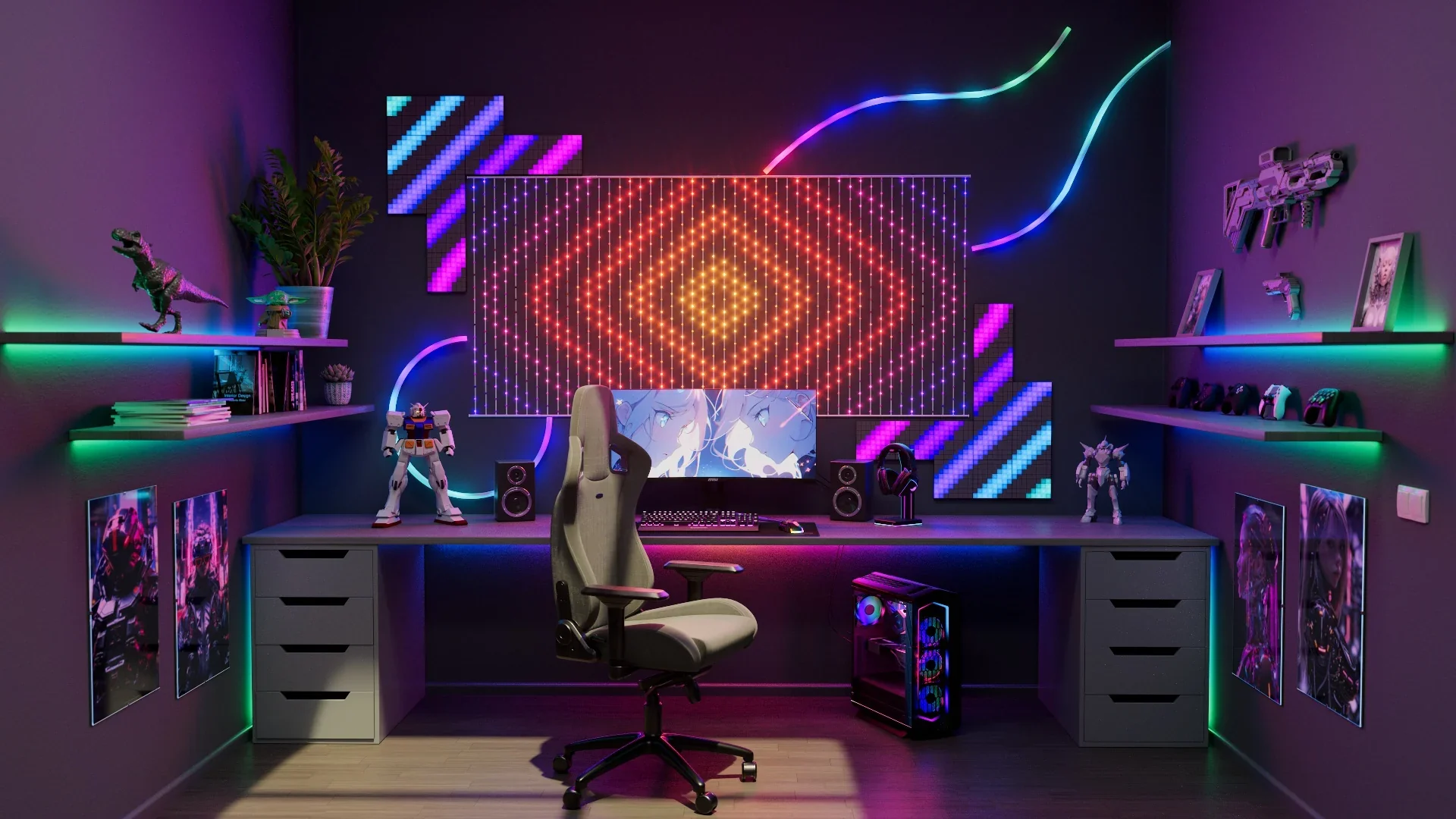 Gaming setup with glowing RGB lights